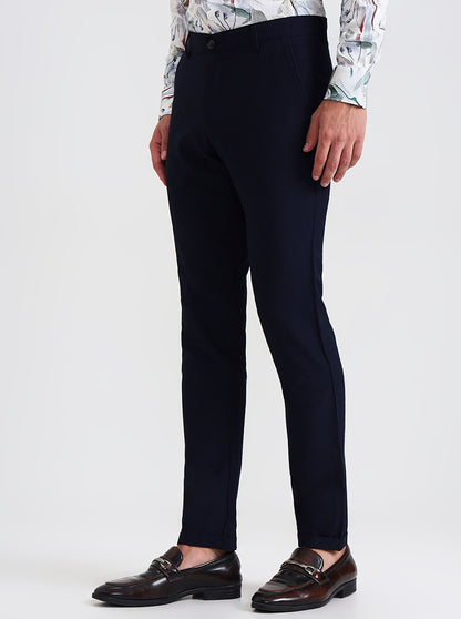 Navy Blue Checked Slim Fit Club Wear Trouser | Wyre