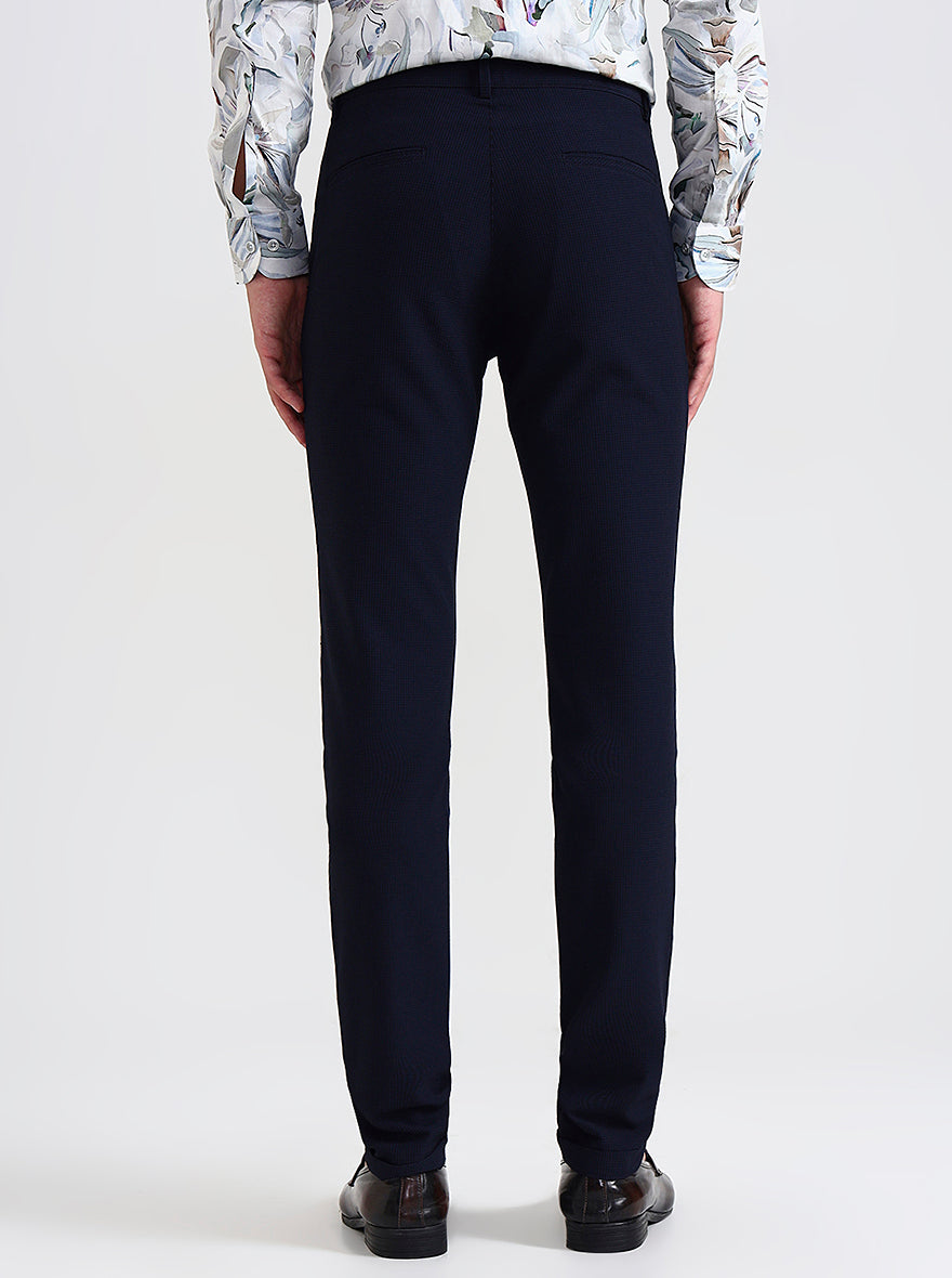 Navy Blue Checked Slim Fit Club Wear Trouser | Wyre