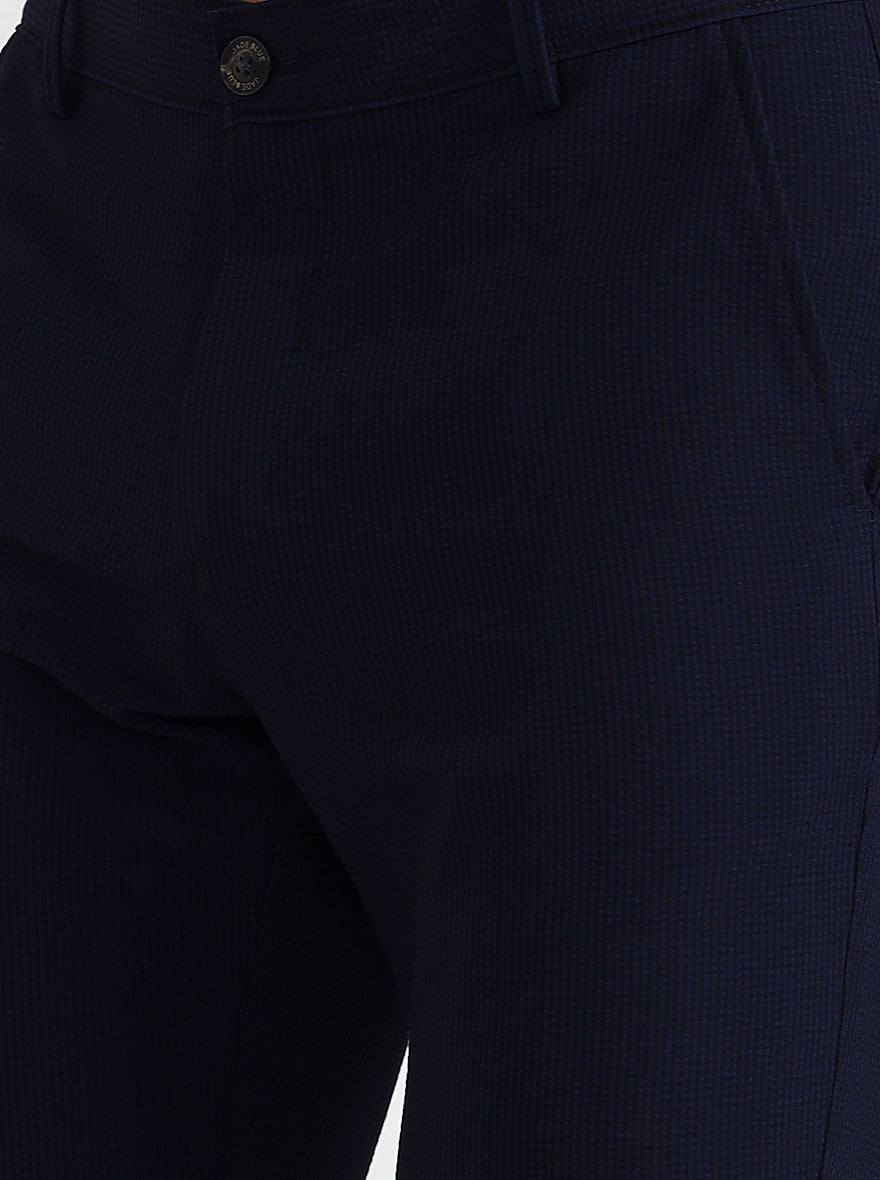 Navy Blue Checked Slim Fit Club Wear Trouser | Wyre
