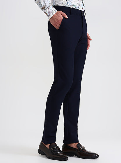 Navy Blue Checked Slim Fit Club Wear Trouser | Wyre
