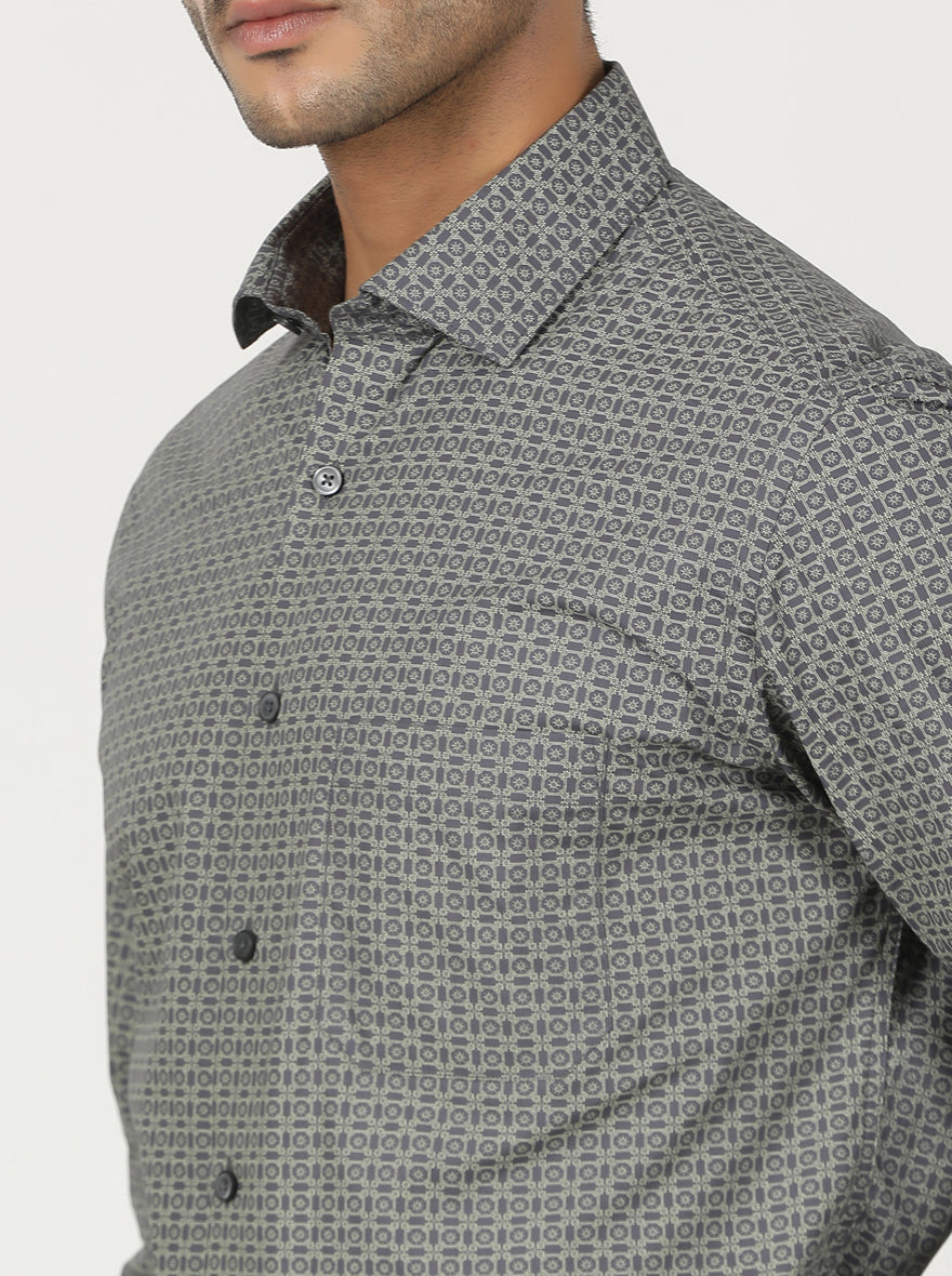 Grey Printed Slim Fit Formal Shirt | Greenfibre