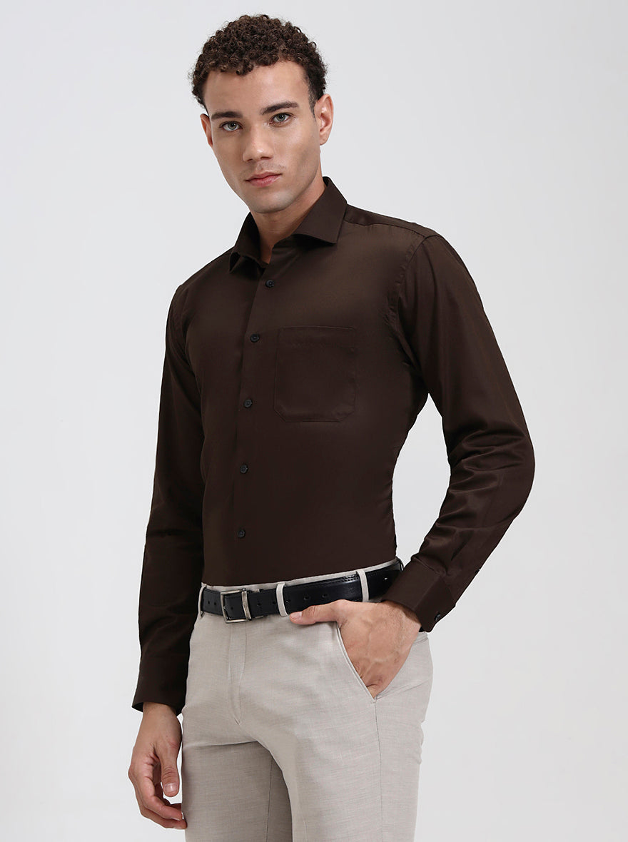 Coffee Solid Slim Fit Formal Shirt | Metal
