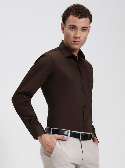 Coffee Solid Slim Fit Formal Shirt | Metal
