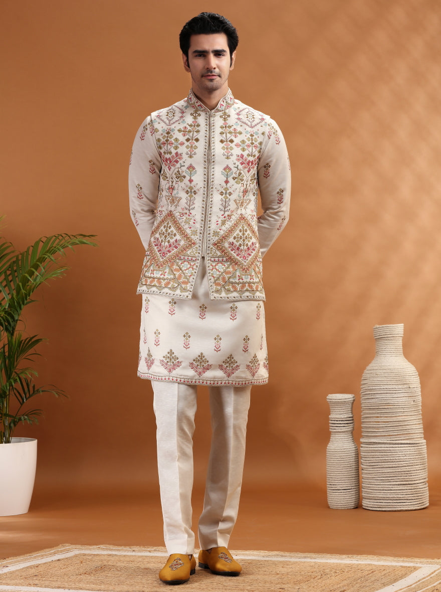 Beige Embroidered Kurta Pajama with Koti | TULA