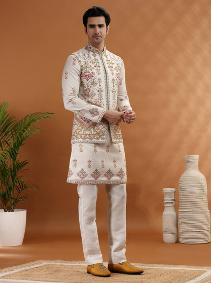 Beige Embroidered Kurta Pajama with Koti | TULA