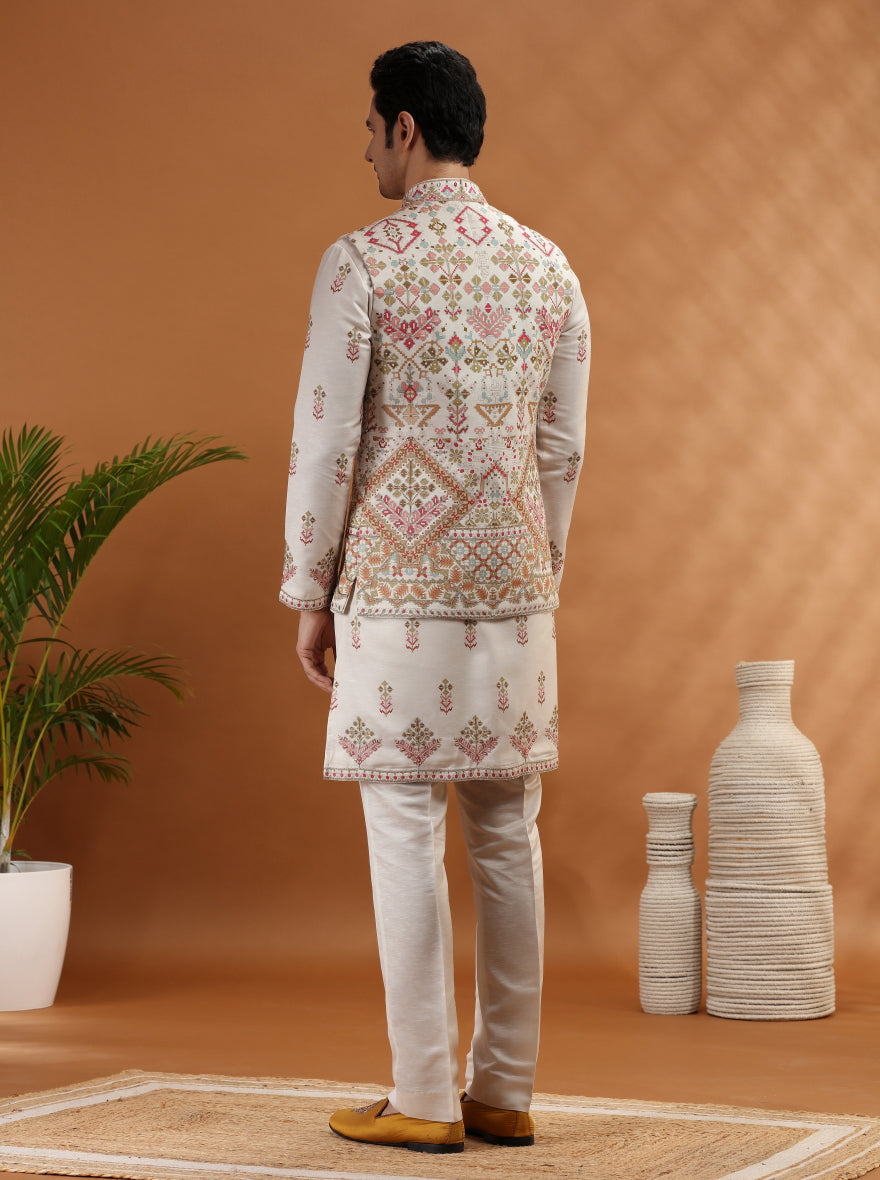 Beige Embroidered Kurta Pajama with Koti | TULA