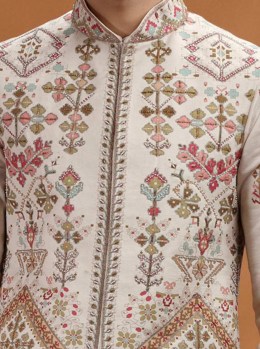 Beige Embroidered Kurta Pajama with Koti | TULA
