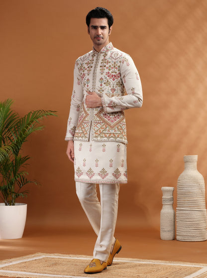 Beige Embroidered Kurta Pajama with Koti | TULA