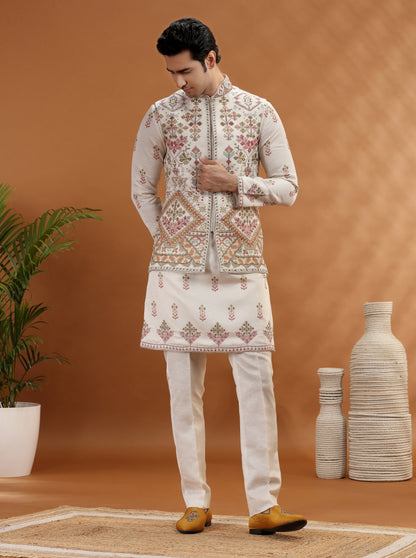 Beige Embroidered Kurta Pajama with Koti | TULA