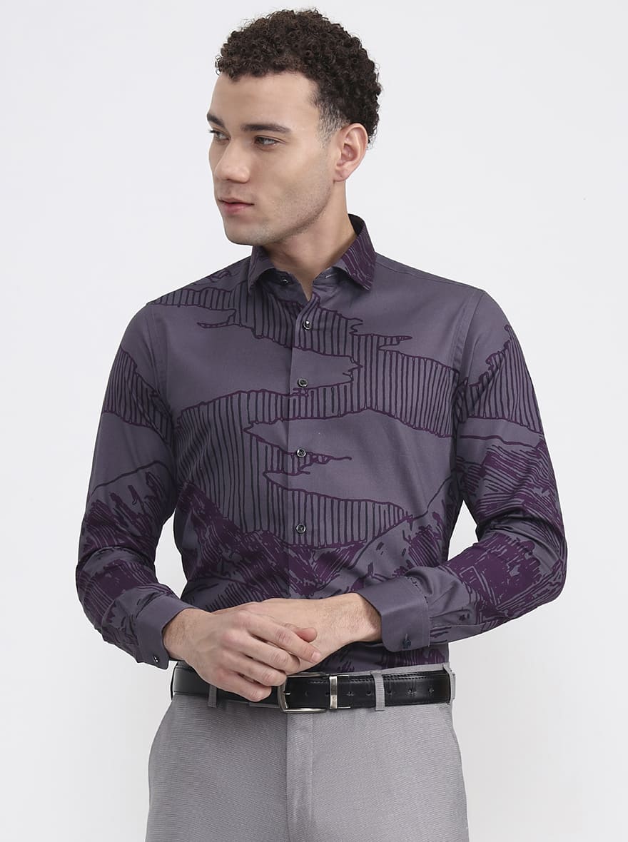 Grey & Purple Printed Slim Fit Party Wear Shirt | Wyre