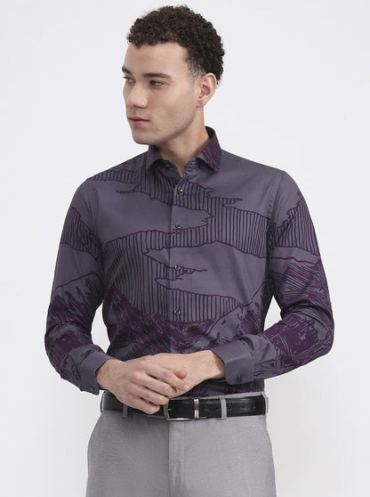 Grey & Purple Printed Slim Fit Party Wear Shirt | Wyre