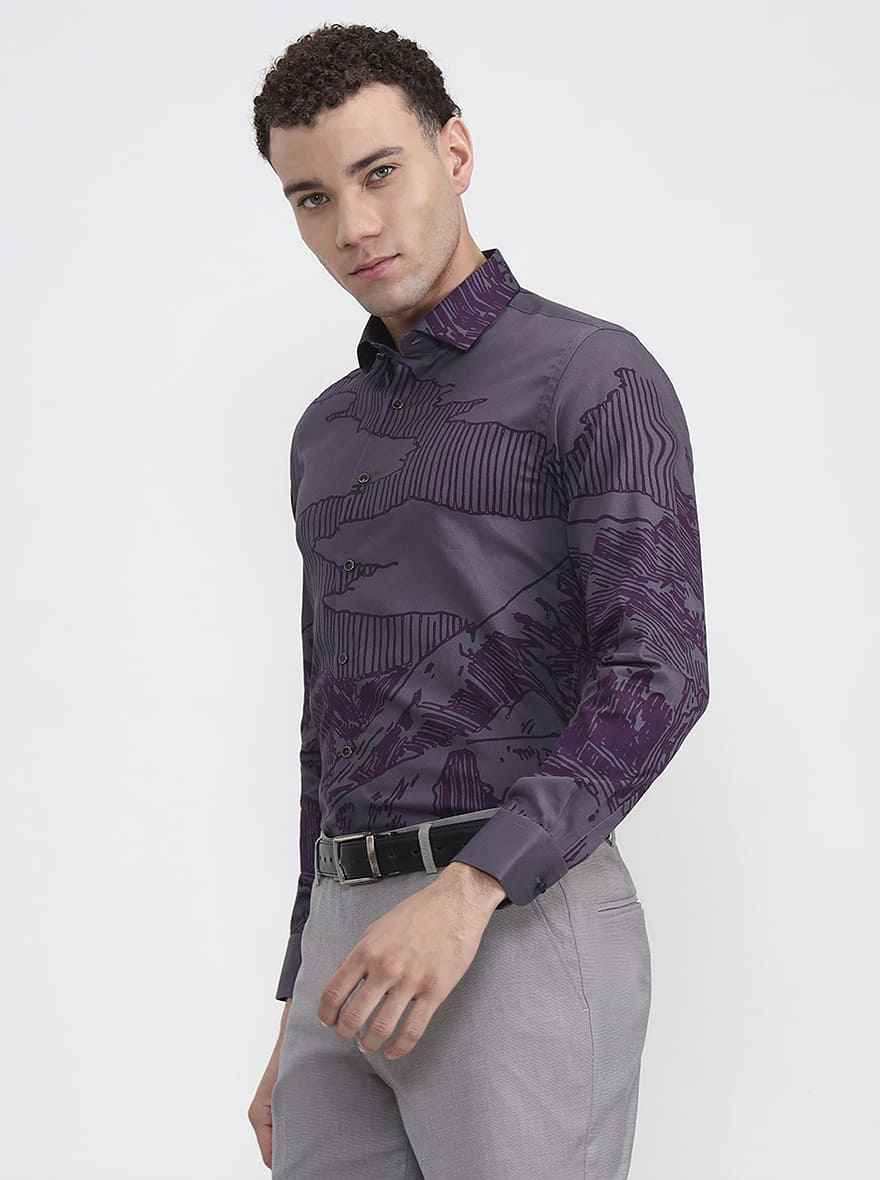 Grey & Purple Printed Slim Fit Party Wear Shirt | Wyre