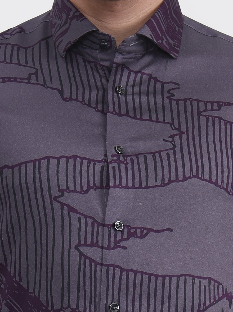 Grey & Purple Printed Slim Fit Party Wear Shirt | Wyre