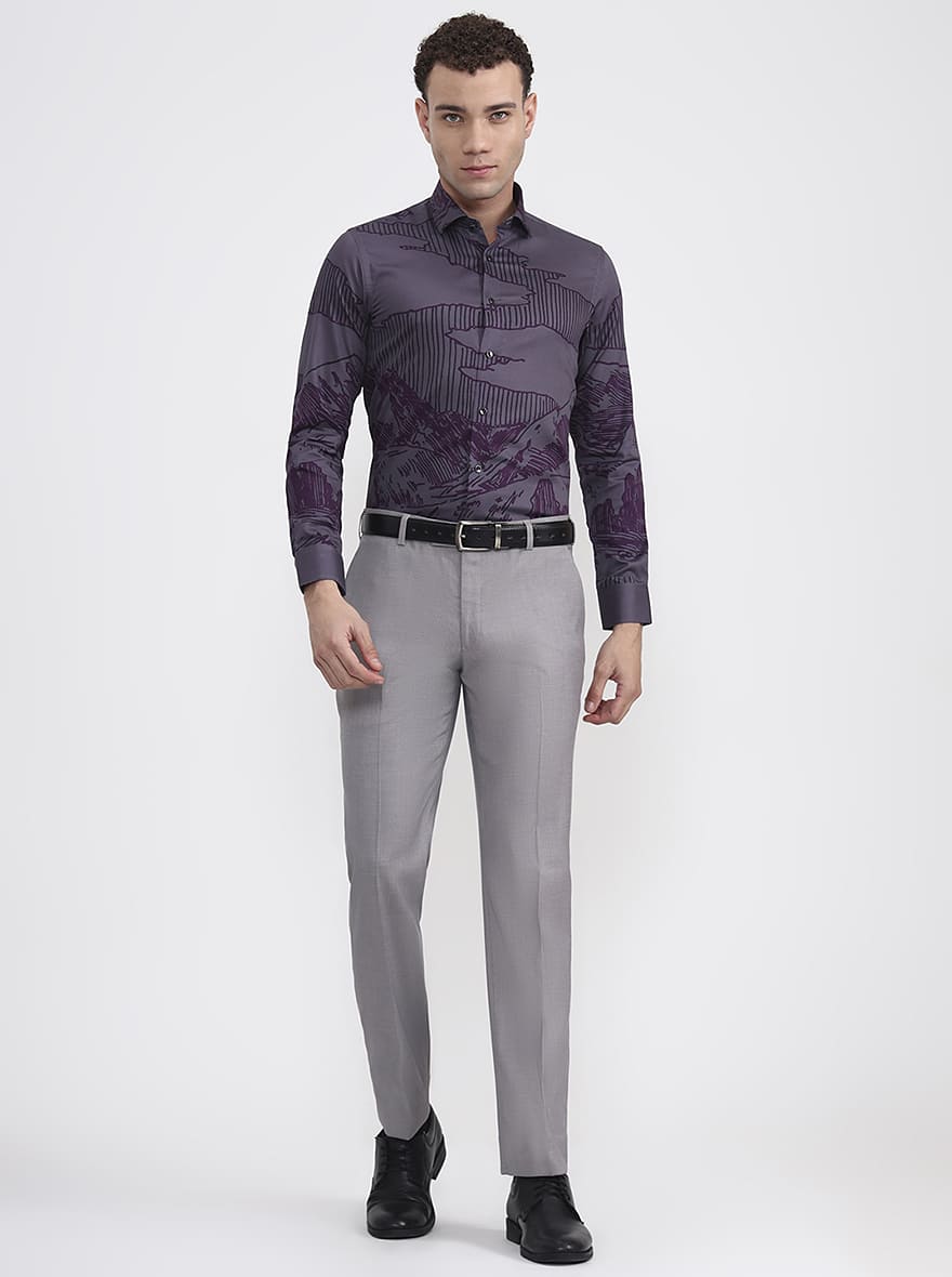 Grey & Purple Printed Slim Fit Party Wear Shirt | Wyre