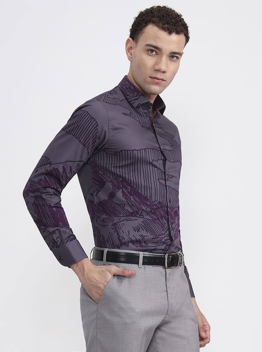 Grey & Purple Printed Slim Fit Party Wear Shirt | Wyre