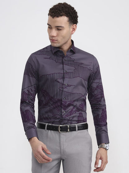 Grey & Purple Printed Slim Fit Party Wear Shirt | Wyre