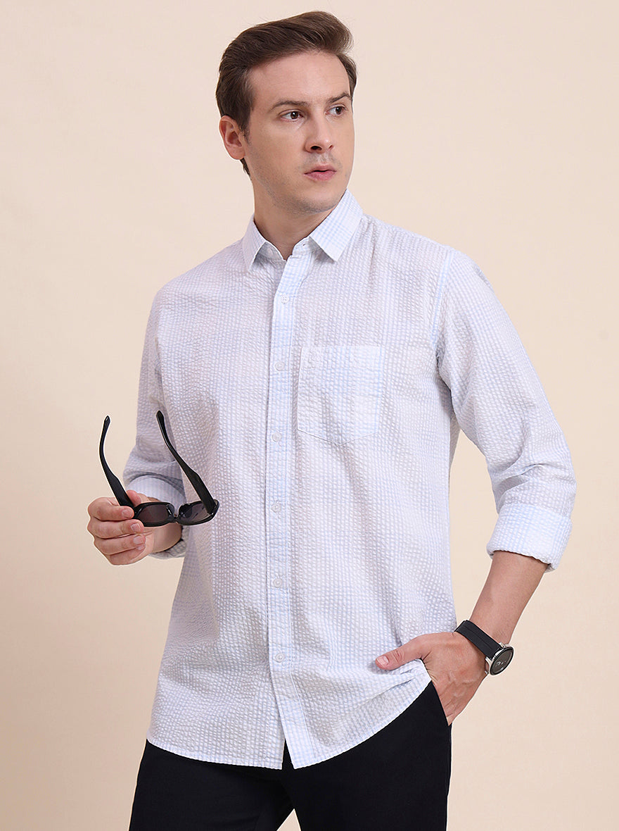 Blue Checked Slim Fit Casual Shirt | JadeBlue