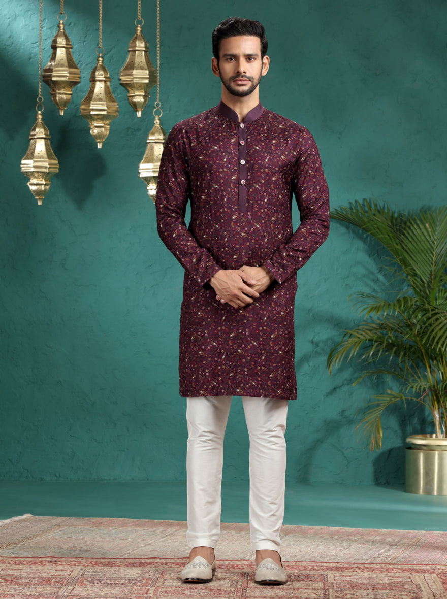 Wine Printed & Embroidered Kurta Pajama | TULA