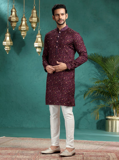 Wine Printed & Embroidered Kurta Pajama | TULA