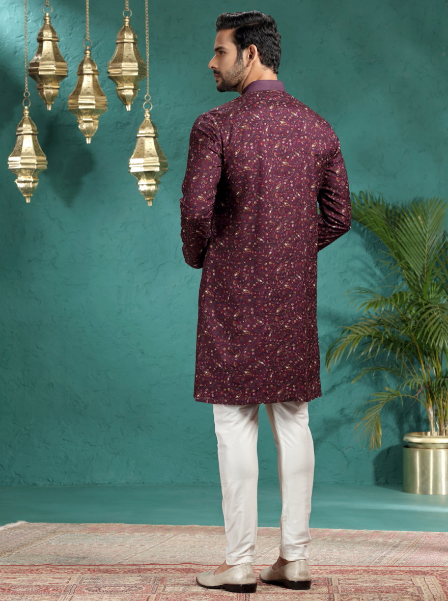Wine Printed & Embroidered Kurta Pajama | TULA