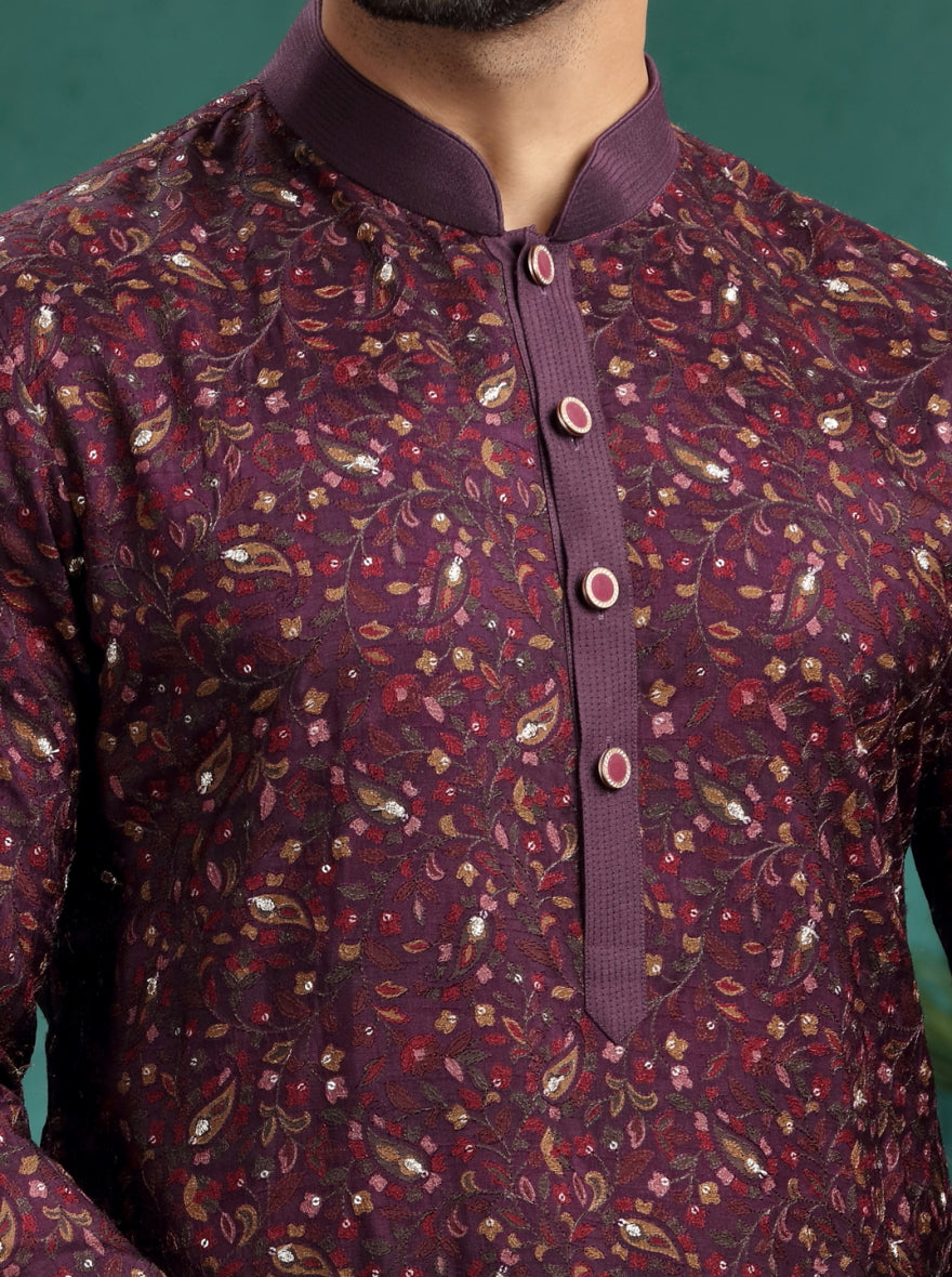 Wine Printed & Embroidered Kurta Pajama | TULA