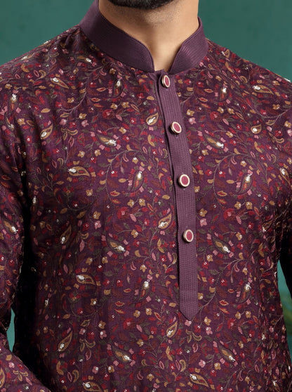 Wine Printed & Embroidered Kurta Pajama | TULA