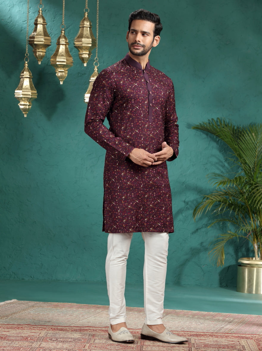 Wine Printed & Embroidered Kurta Pajama | TULA