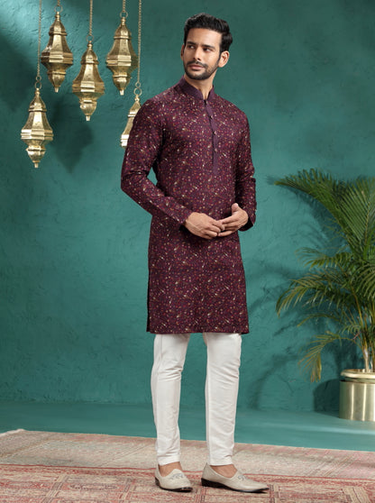 Wine Printed & Embroidered Kurta Pajama | TULA