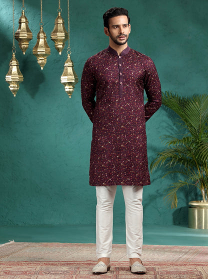 Wine Printed & Embroidered Kurta Pajama | TULA