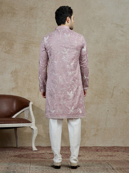 Onion Pink Embroidered Kurta Pajama | Virasana
