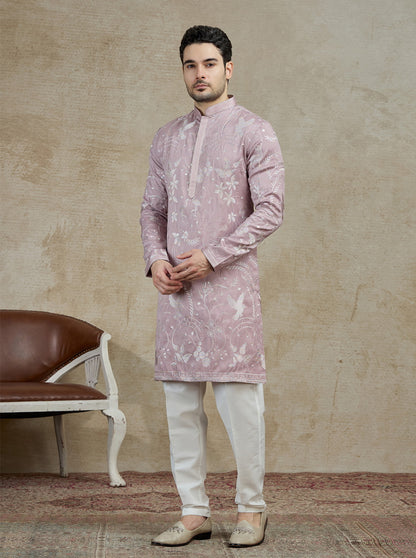 Onion Pink Embroidered Kurta Pajama | Virasana