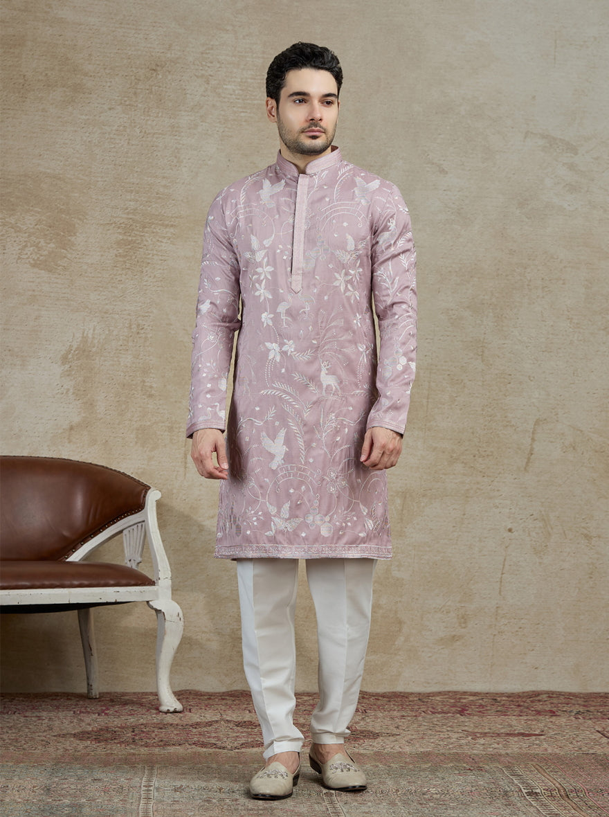 Onion Pink Embroidered Kurta Pajama | Virasana