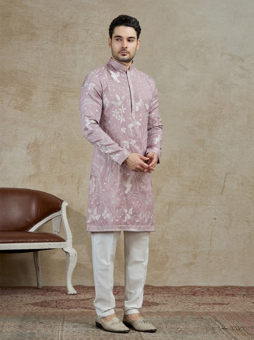 Onion Pink Embroidered Kurta Pajama | Virasana