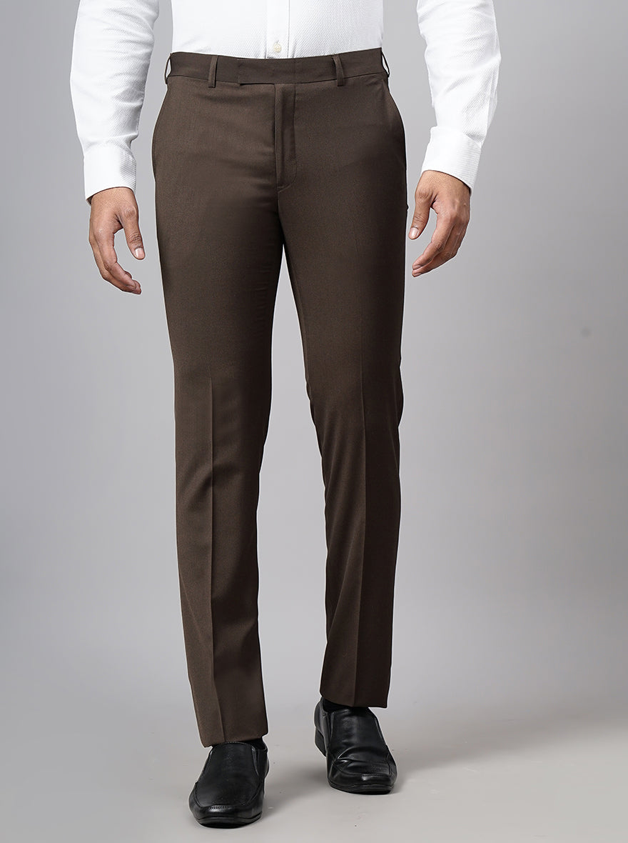 Brown Solid Slim Fit Formal Trouser | Metal