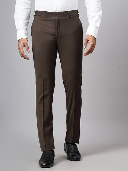 Brown Solid Slim Fit Formal Trouser | Metal