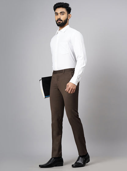 Brown Solid Slim Fit Formal Trouser | Metal