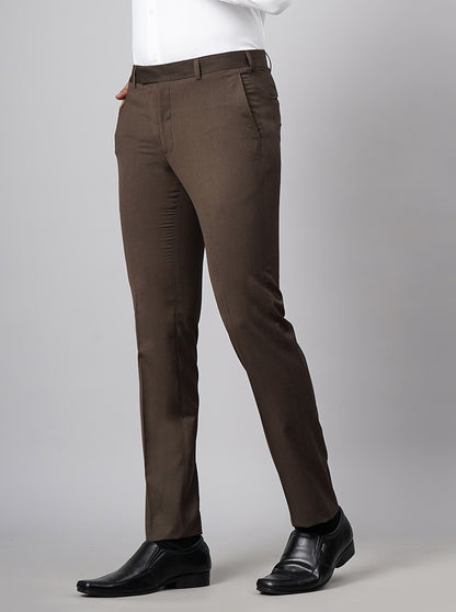 Brown Solid Slim Fit Formal Trouser | Metal