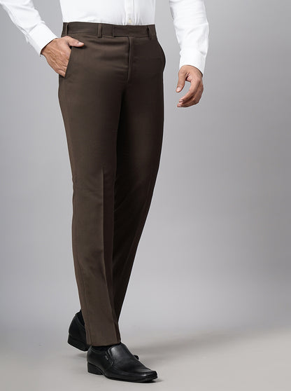 Brown Solid Slim Fit Formal Trouser | Metal