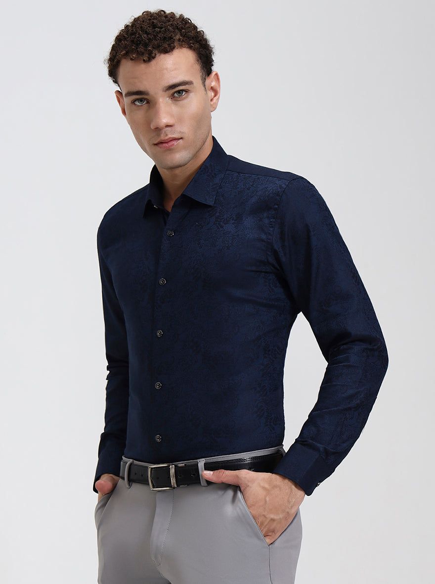 Blue Printed Slim Fit Party Wear Shirt | Wyre