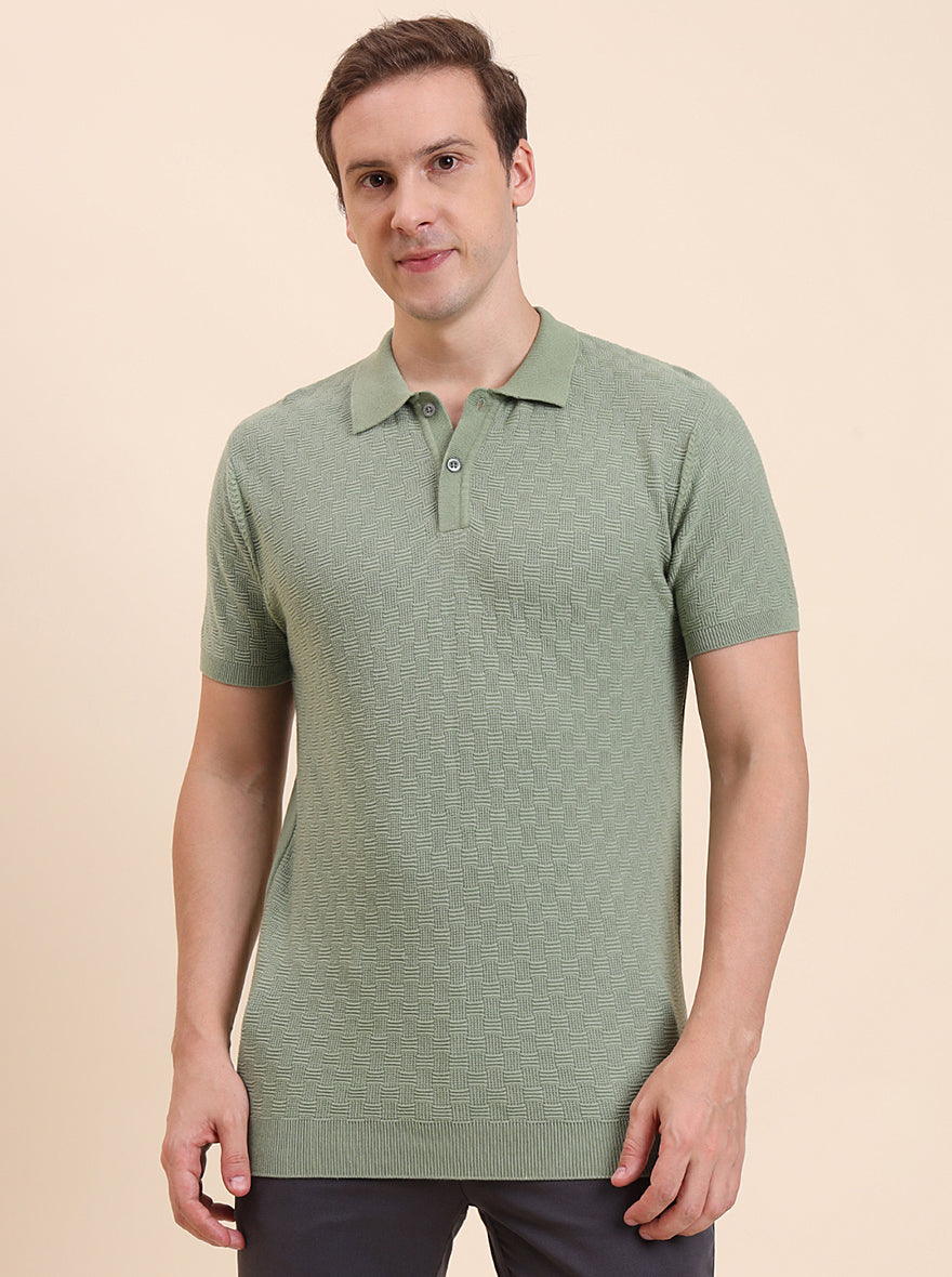 Light Green Printed Slim Fit Polo T-Shirt | JadeBlue