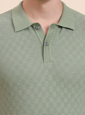 Light Green Printed Slim Fit Polo T-Shirt | JadeBlue