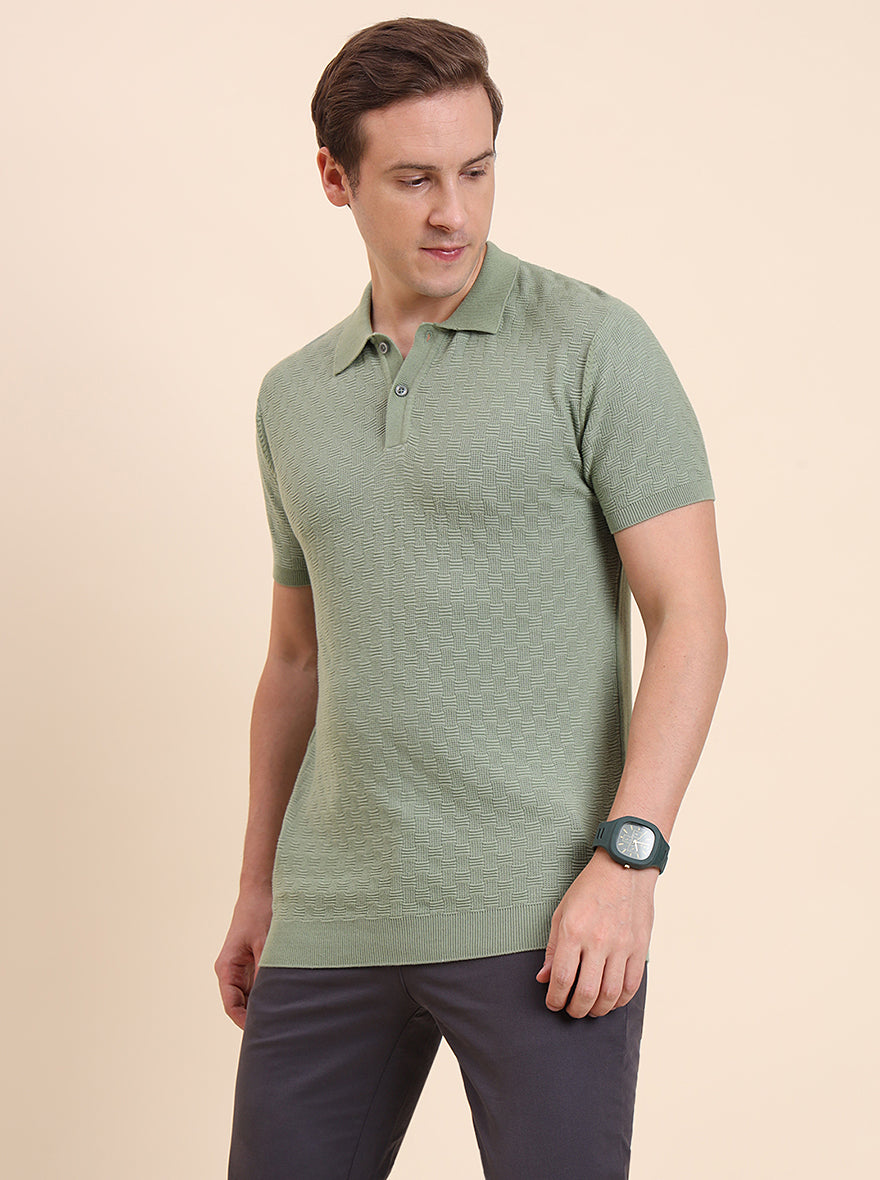 Light Green Printed Slim Fit Polo T-Shirt | JadeBlue