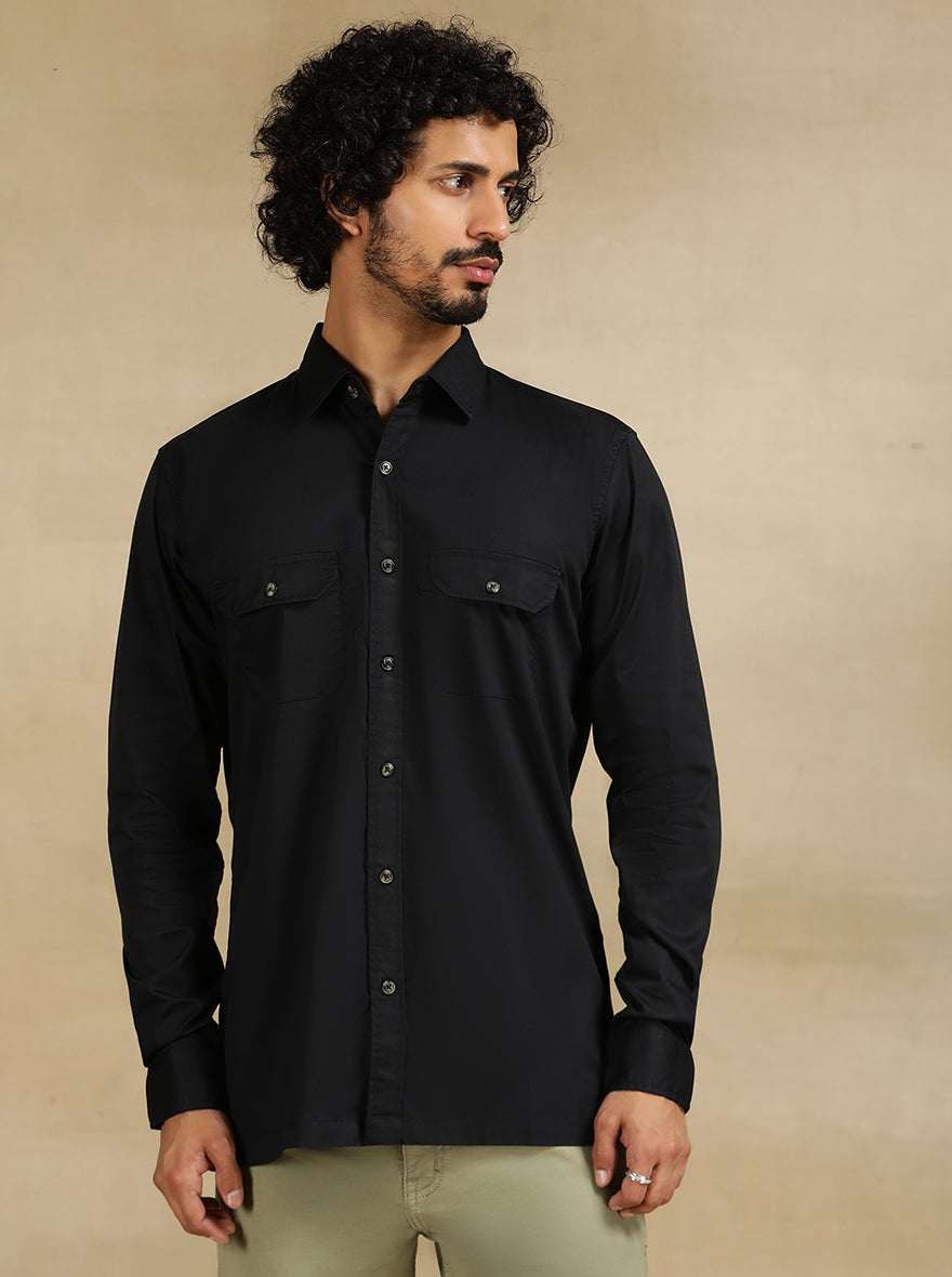 Navy Blue Solid Slim Fit Casual Shirt | JadeBlue