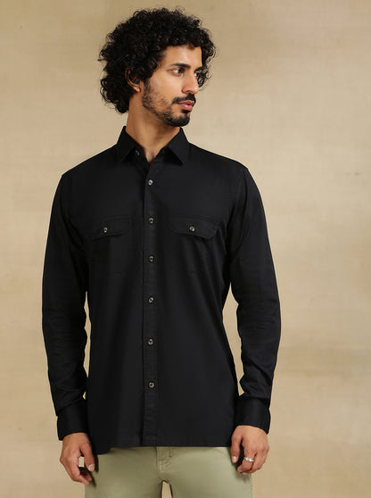 Navy Blue Solid Slim Fit Casual Shirt | JadeBlue
