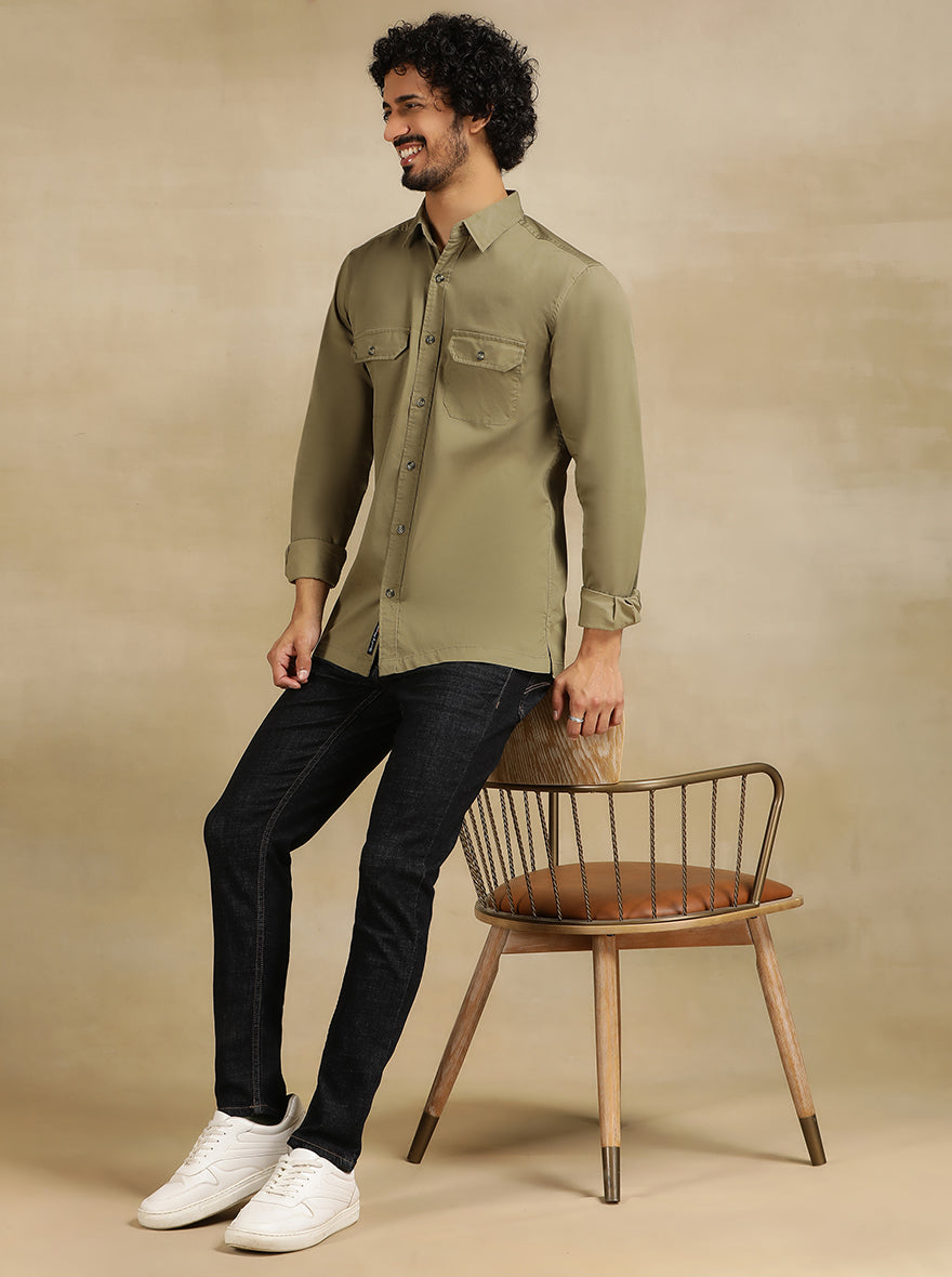 Olive Green Solid Slim Fit Casual Shirt | JadeBlue
