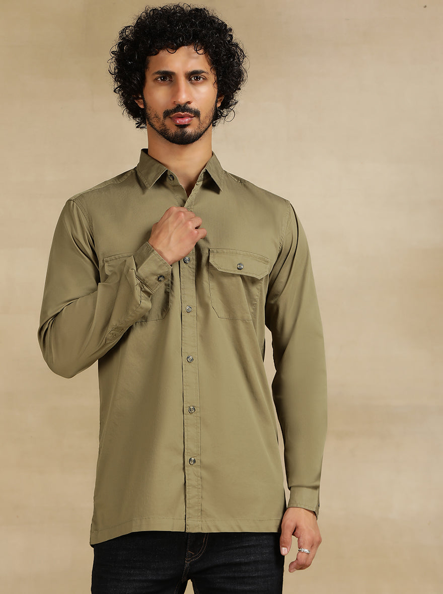 Olive Green Solid Slim Fit Casual Shirt | JadeBlue