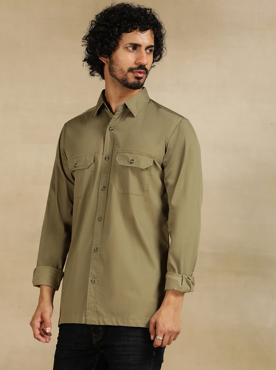 Olive Green Solid Slim Fit Casual Shirt | JadeBlue