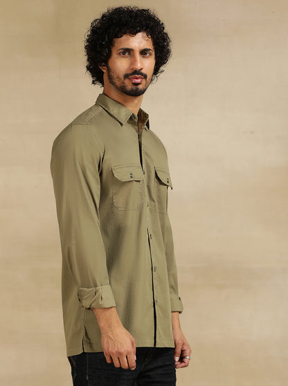 Olive Green Solid Slim Fit Casual Shirt | JadeBlue