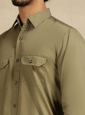 Olive Green Solid Slim Fit Casual Shirt | JadeBlue