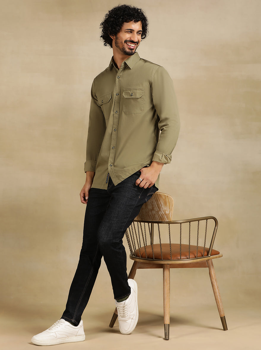 Olive Green Solid Slim Fit Casual Shirt | JadeBlue